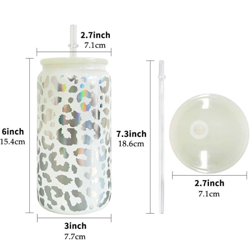 50PCS 16oz Holographic Leopard Print Sublimation Glass Can