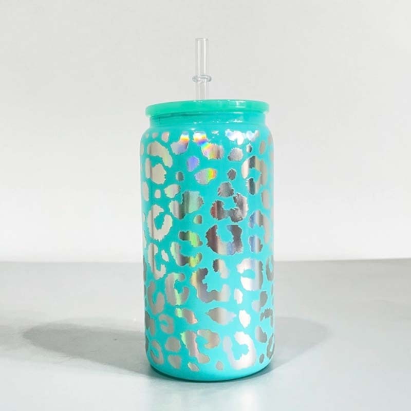 50PCS 16oz Mix Color Holographic Leopard Print Sublimation Glass Can with PP lid