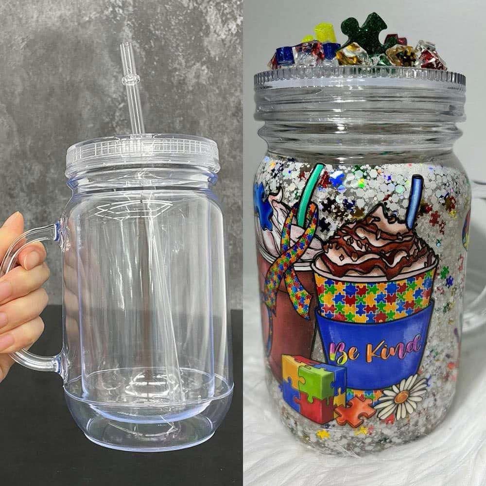 20OZ plastic snow globe mug with plastic ids