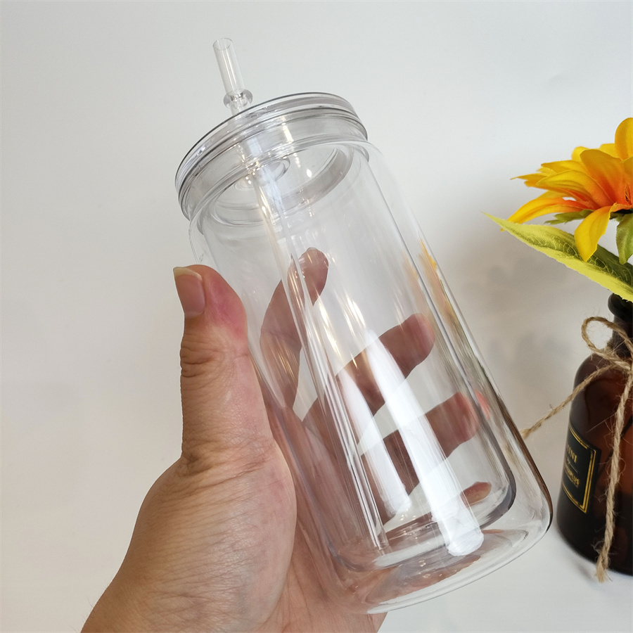 25PCS/ 50PCS 16oz Pre-drilled Hole Double Wall Plastic Snow Globe Tumbler with Plastic Lid and Straw