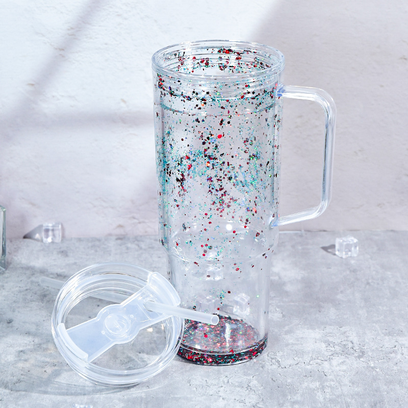 40OZ plastic double wall snow globe cup with plastic straw