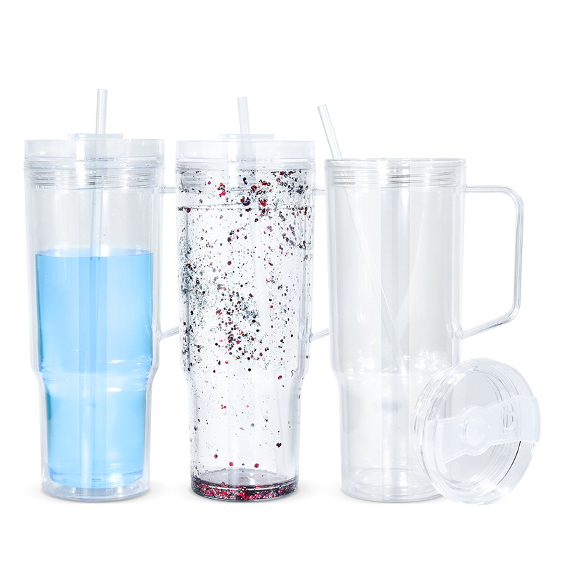 40OZ plastic double wall snow globe cup with plastic straw