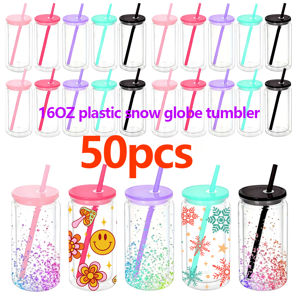 4pack/6pack/8pack/25pack/50pack 16OZ plastic snow globe pre drilled tumbler with  plastic lids