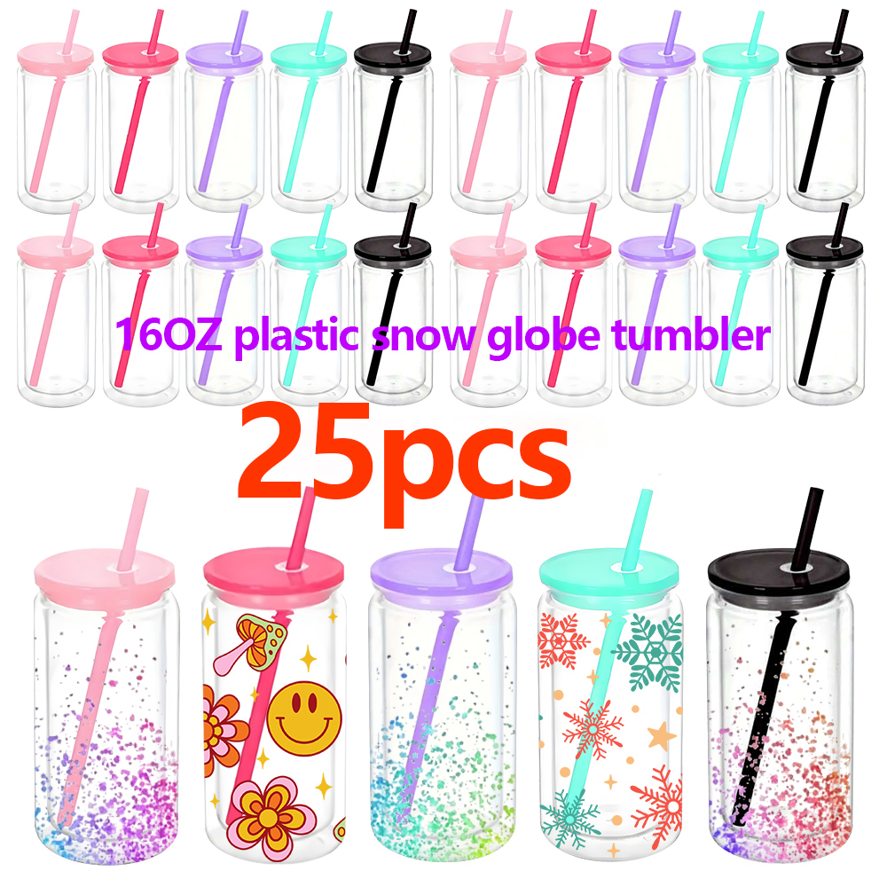 4pack/6pack/8pack/25pack/50pack 16OZ plastic snow globe pre drilled tumbler with  plastic lids