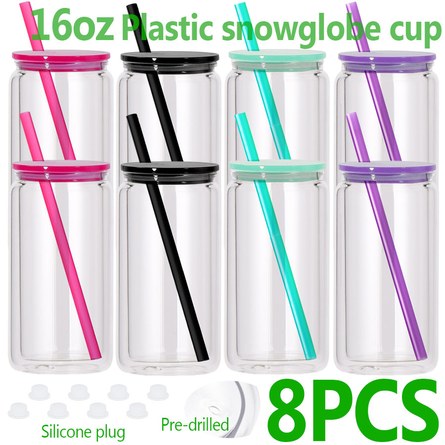4pack/6pack/8pack/25pack/50pack 16OZ plastic snow globe pre drilled tumbler with  plastic lids