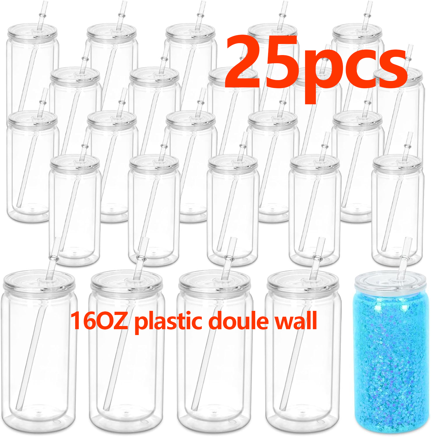 4pack/6pack/8pack/25pack/50pack 16OZ plastic snow globe pre drilled tumbler with  plastic lids