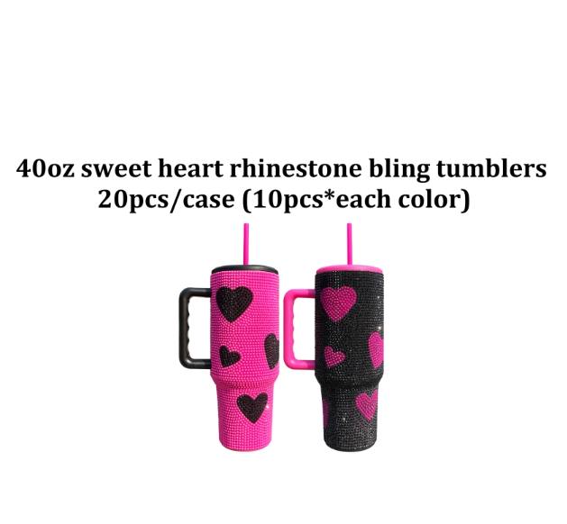 20 Pack USA Warehouse Hot Pink Black 40oz Sweet Heart Print Bling Rhinestone Tumblers
