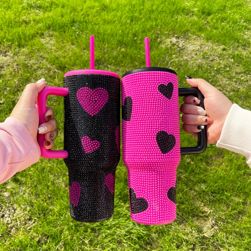 20 Pack USA Warehouse Hot Pink Black 40oz Sweet Heart Print Bling Rhinestone Tumblers