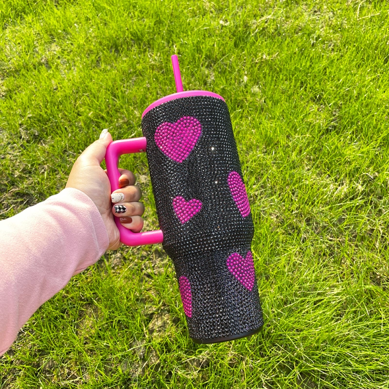 20 Pack USA Warehouse Hot Pink Black 40oz Sweet Heart Print Bling Rhinestone Tumblers