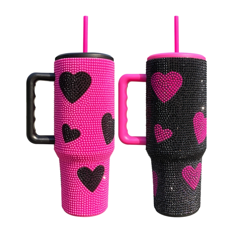 20 Pack USA Warehouse Hot Pink Black 40oz Sweet Heart Print Bling Rhinestone Tumblers