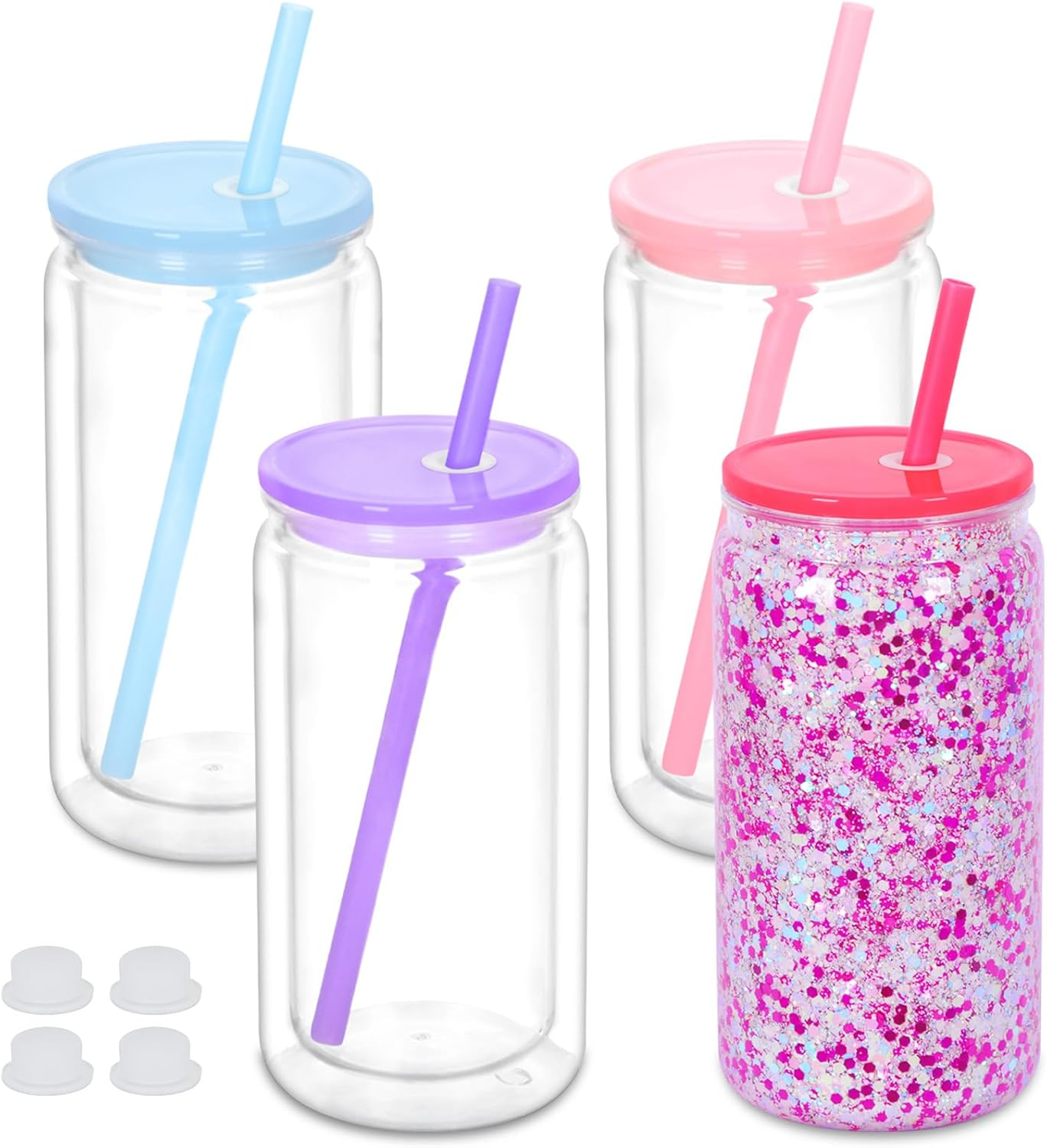 4PCS/8PCS 16oz snow globe plastic can  with color lid and color straw