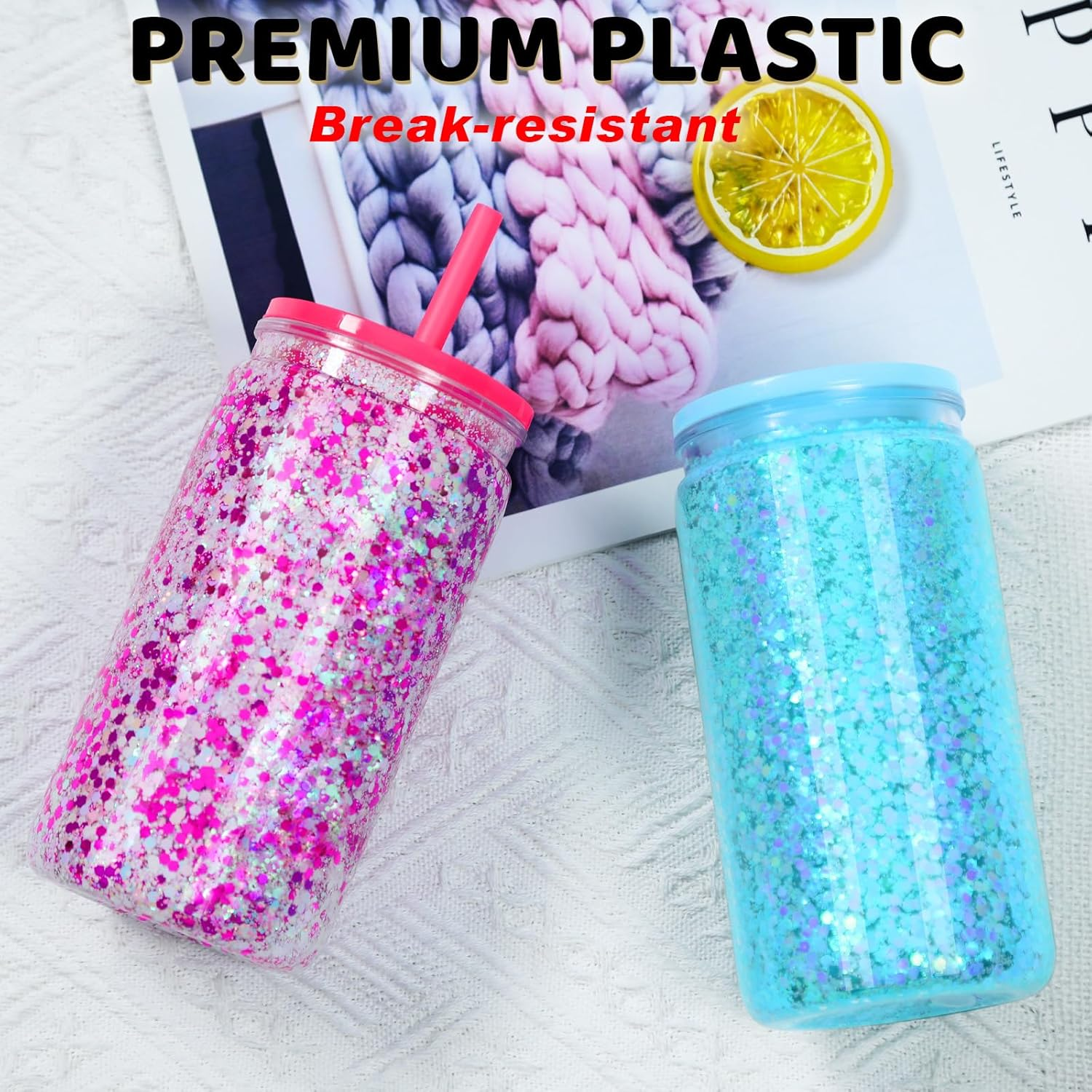 4PCS/8PCS 16oz snow globe plastic can  with color lid and color straw