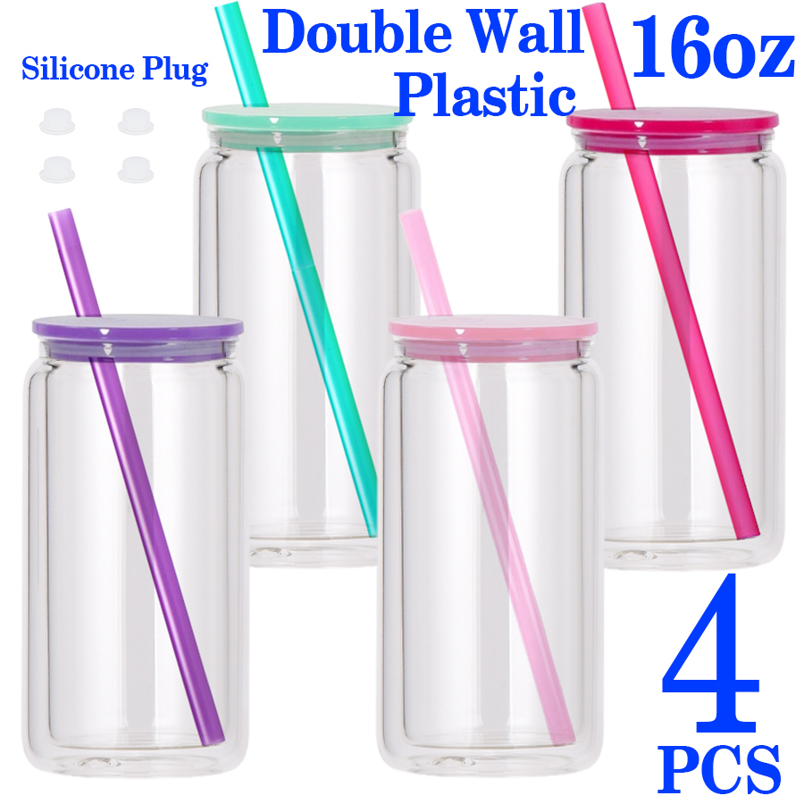 4PCS/8PCS 16oz snow globe plastic can  with color lid and color straw