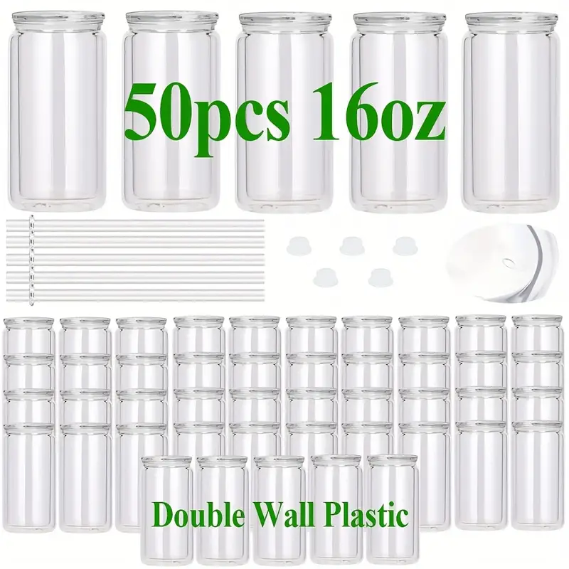 50PCS 16oz Double Wall Plastic Snow Globe Tumbler with Pre-Drilled Holes Clear Lid