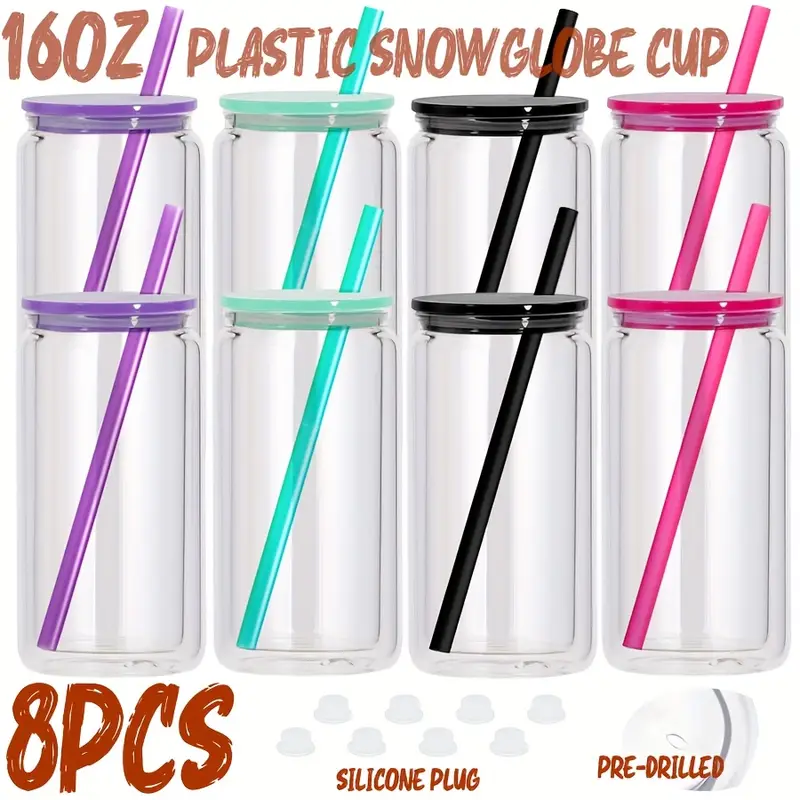 8PCS 16oz snow globe plastic can  with color lid and color straw