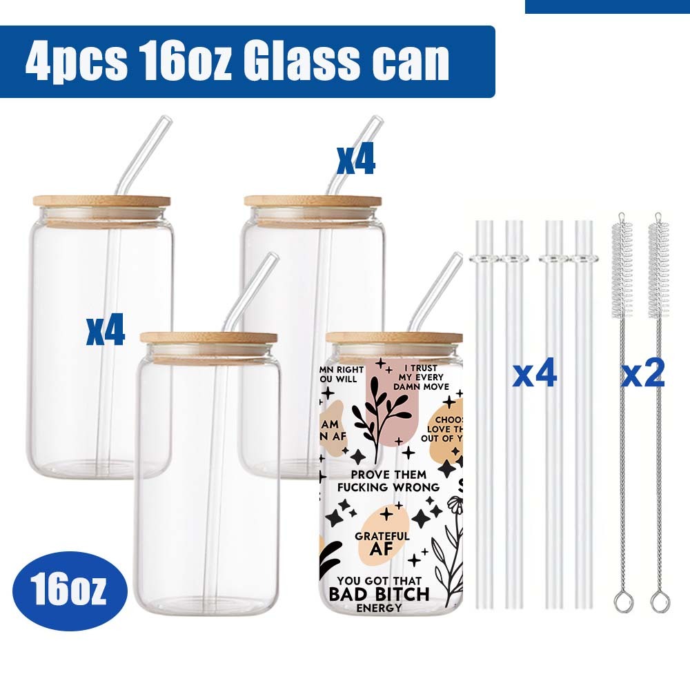 4PCS 16OZ Clear Glass Can with Bamboo Lid