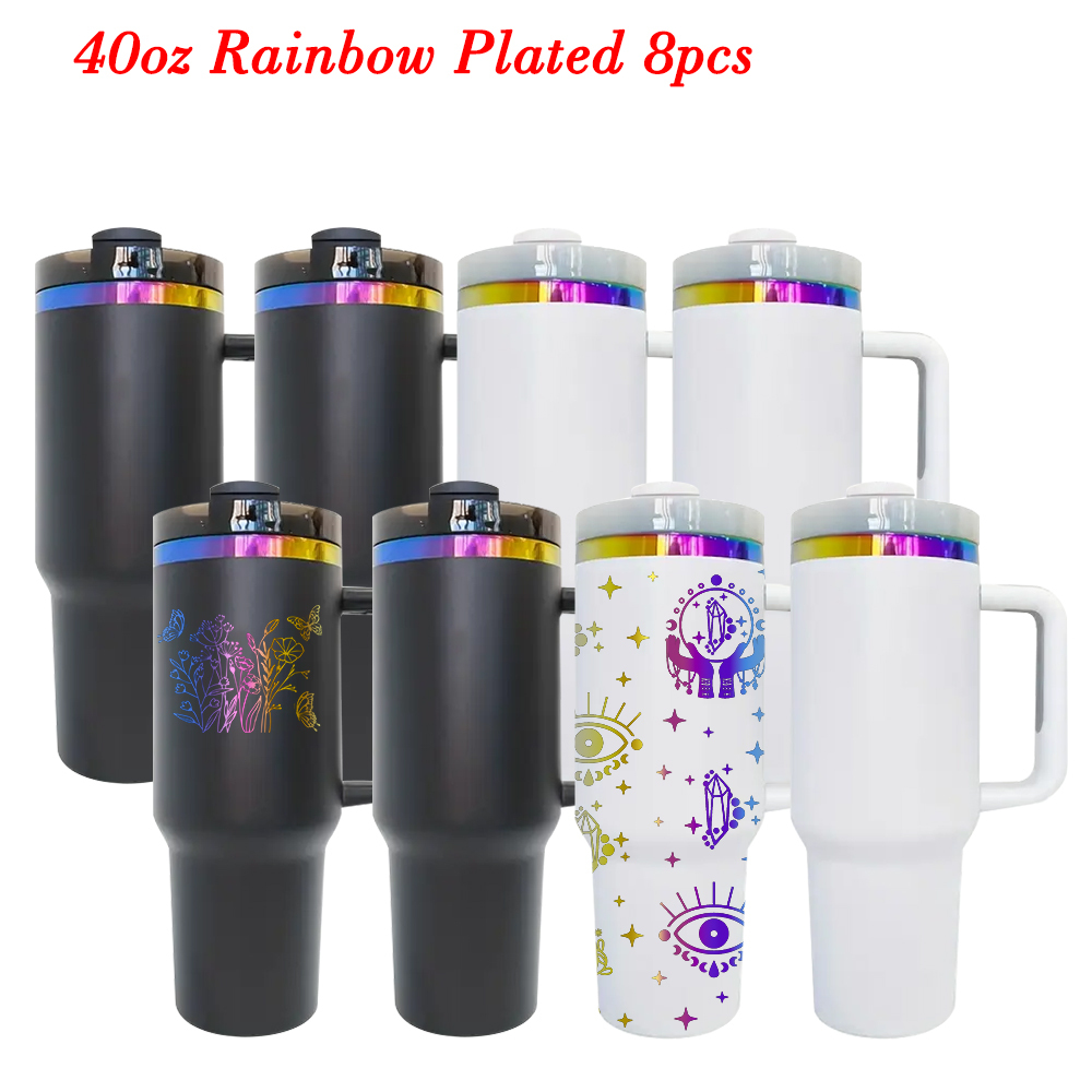 4PCS 40oz Rainbow Plated Tumbler with Handle for Laser Engraving