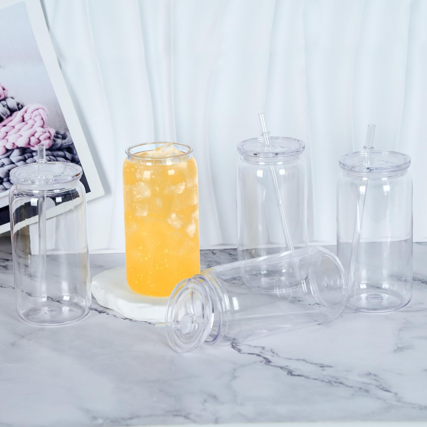 6PCS/12PCS 16oz Single Wall Plastic Can with Clear Lid