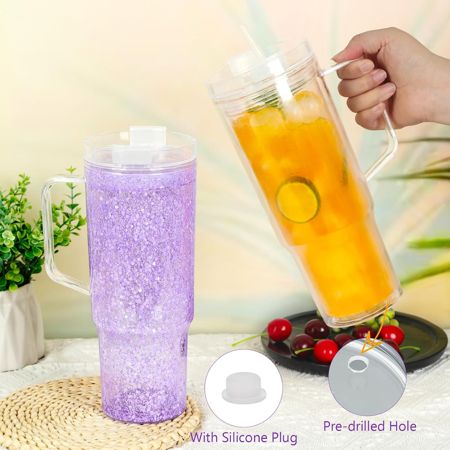 4PCS 40oz Plastic Snow Globe Tumbler with Clear Lid and Straw