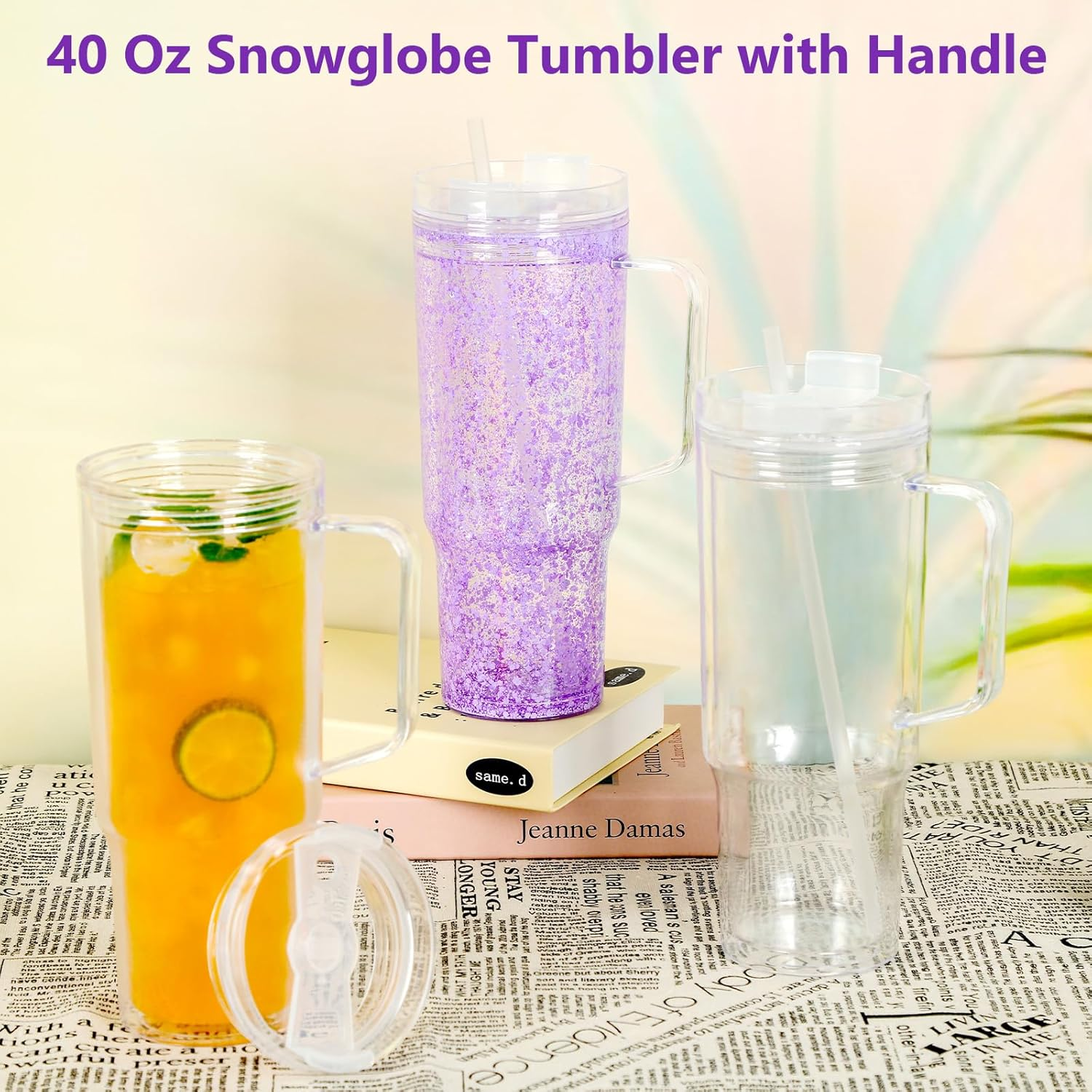 4PCS 40oz Plastic Snow Globe Tumbler with Clear Lid and Straw