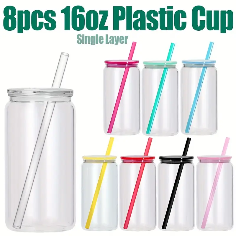 8PCS 16oz Single Wall Plastic Can with Color Lid