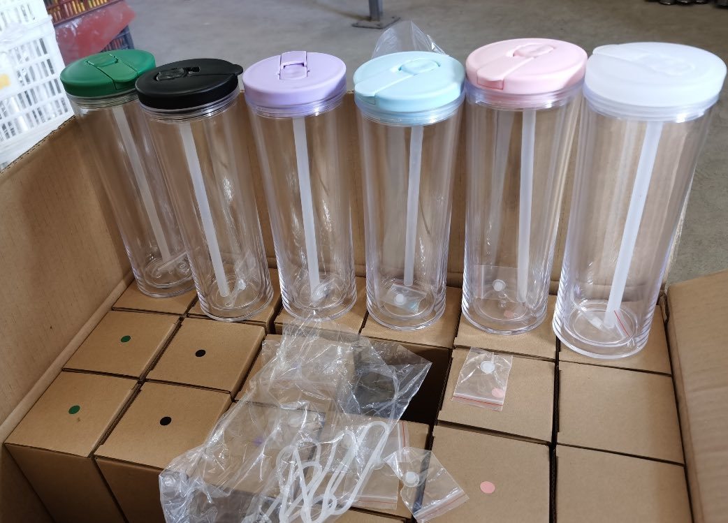 24pcs US Warehouse 20OZ Double Wall Flip Top Snow Globe Plastic Cups with Color Lids