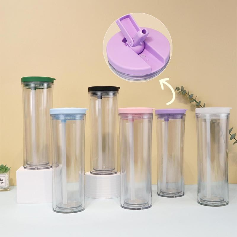 24pcs US Warehouse 20OZ Double Wall Flip Top Snow Globe Plastic Cups with Color Lids