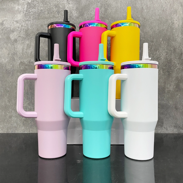 16PCS  USA Warehouse 40oz Rainbow Plated Underneath Proof Powder Coated Tumbler Cups Travel Coffee Mug with  Leak proof Flip Straw for Laser Engraving