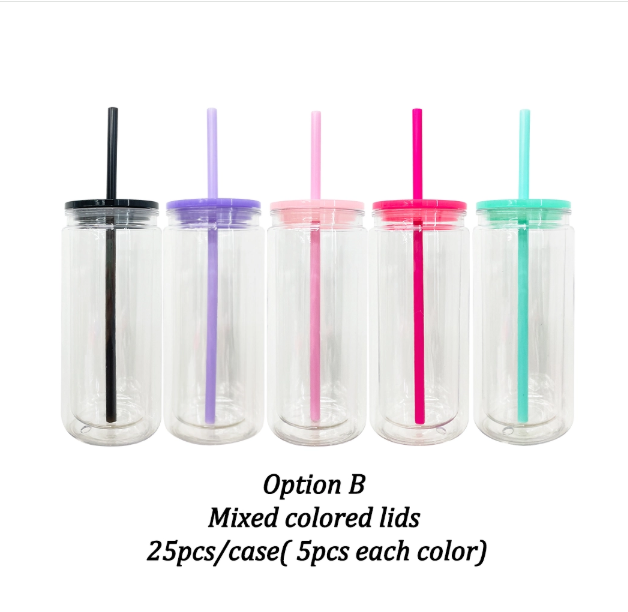 25PCS USA Warehouse Inner 16oz Outer 20oz Pre-Drilled Double Wall Snow Globe Plastic Can With Colorful PP Lid and Plug