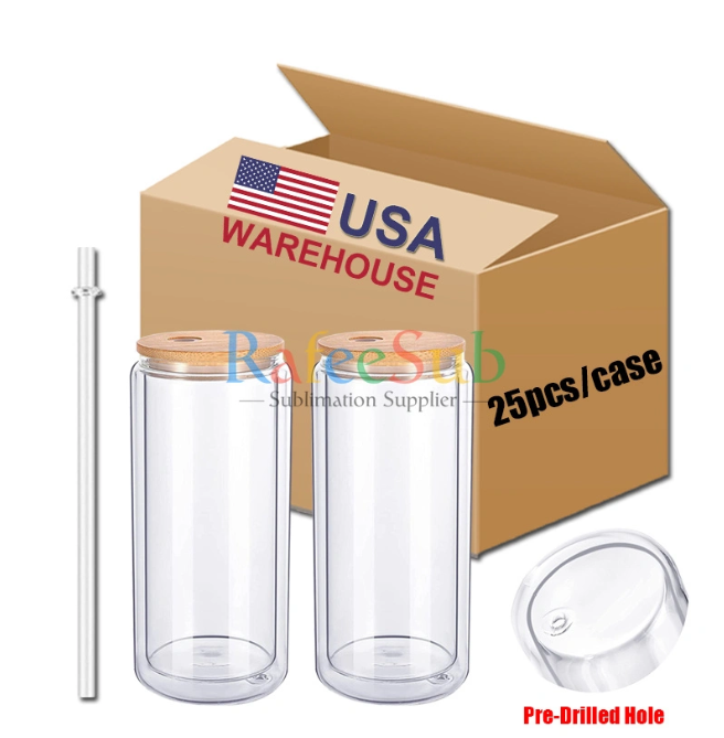 25PCS 16oz Clear Pre-drilled Hole Double Wall Snow Globe Glass Can Tumbler inside 120Zoutside 160Z with Bamboo Lids