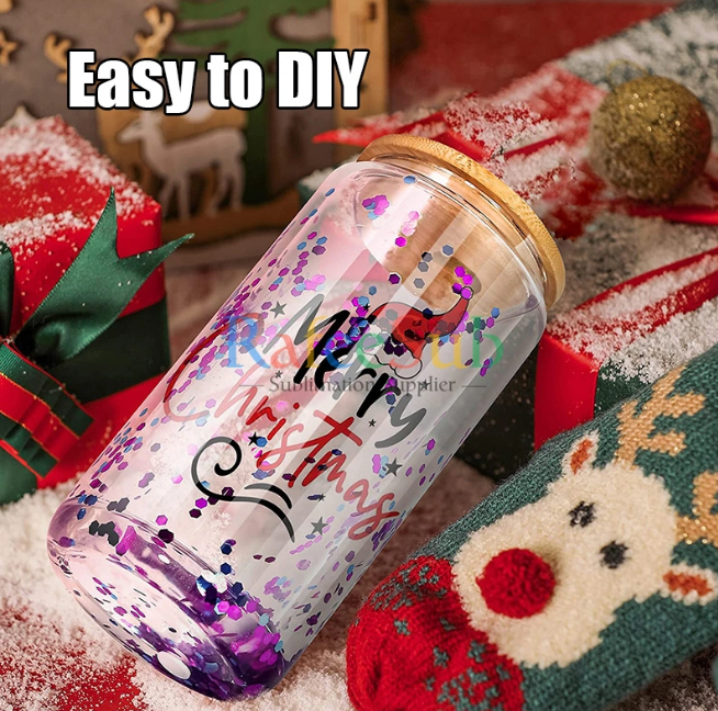 25PCS 16oz Clear Pre-drilled Hole Double Wall Snow Globe Glass Can Tumbler inside 120Zoutside 160Z with Bamboo Lids
