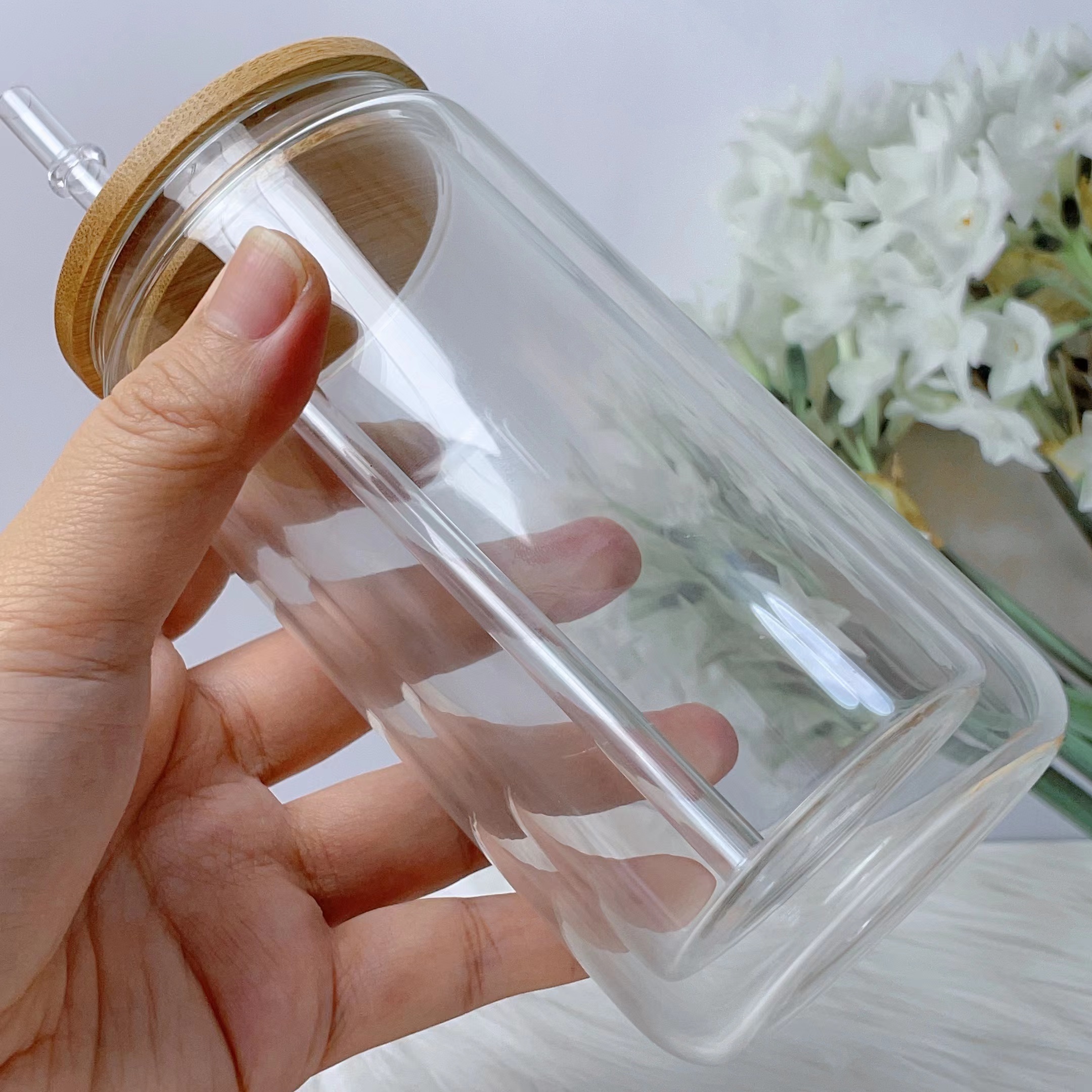 25PCS 16oz Clear Pre-drilled Hole Double Wall Snow Globe Glass Can Tumbler inside 120Zoutside 160Z with Bamboo Lids