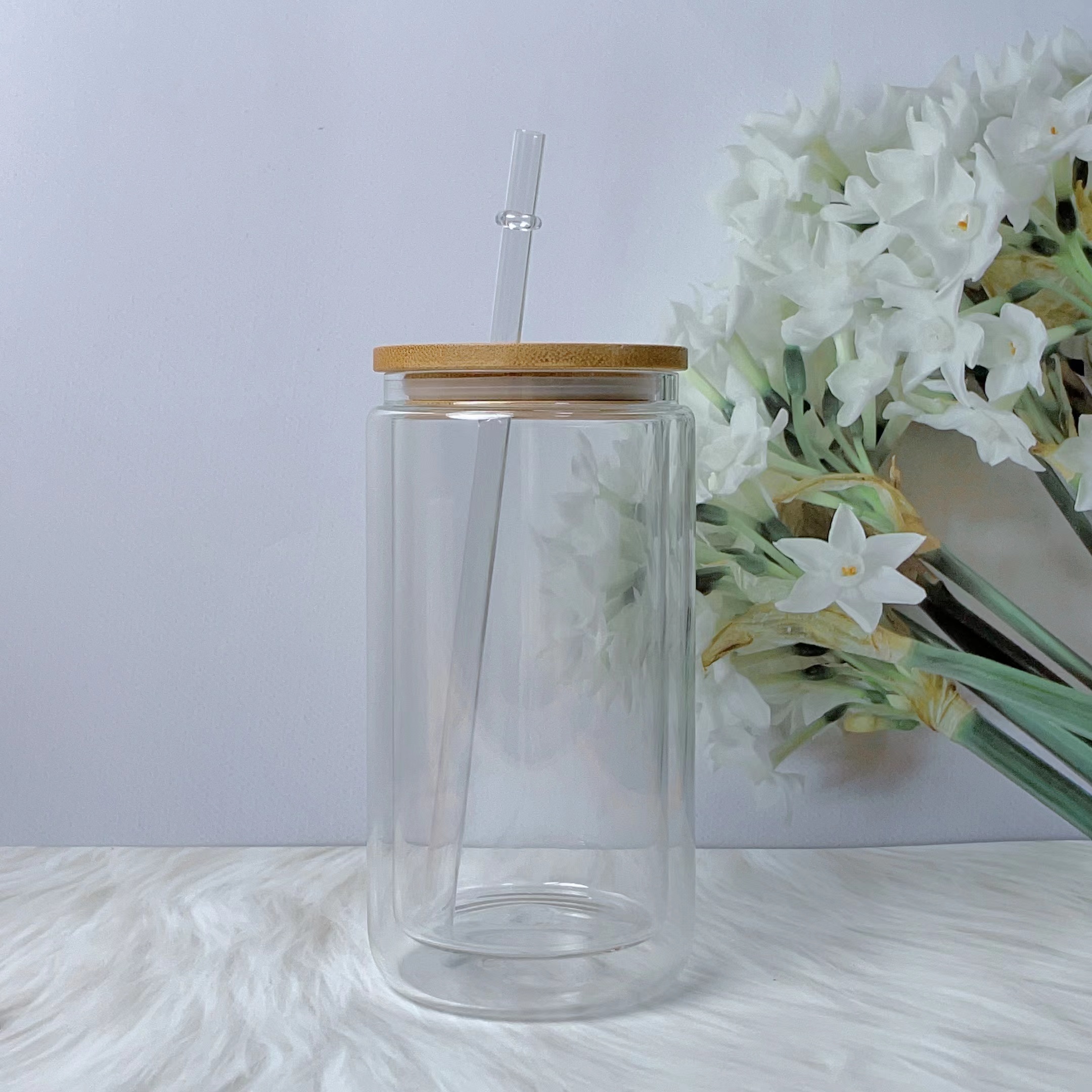 25PCS 16oz Clear Pre-drilled Hole Double Wall Snow Globe Glass Can Tumbler inside 120Zoutside 160Z with Bamboo Lids