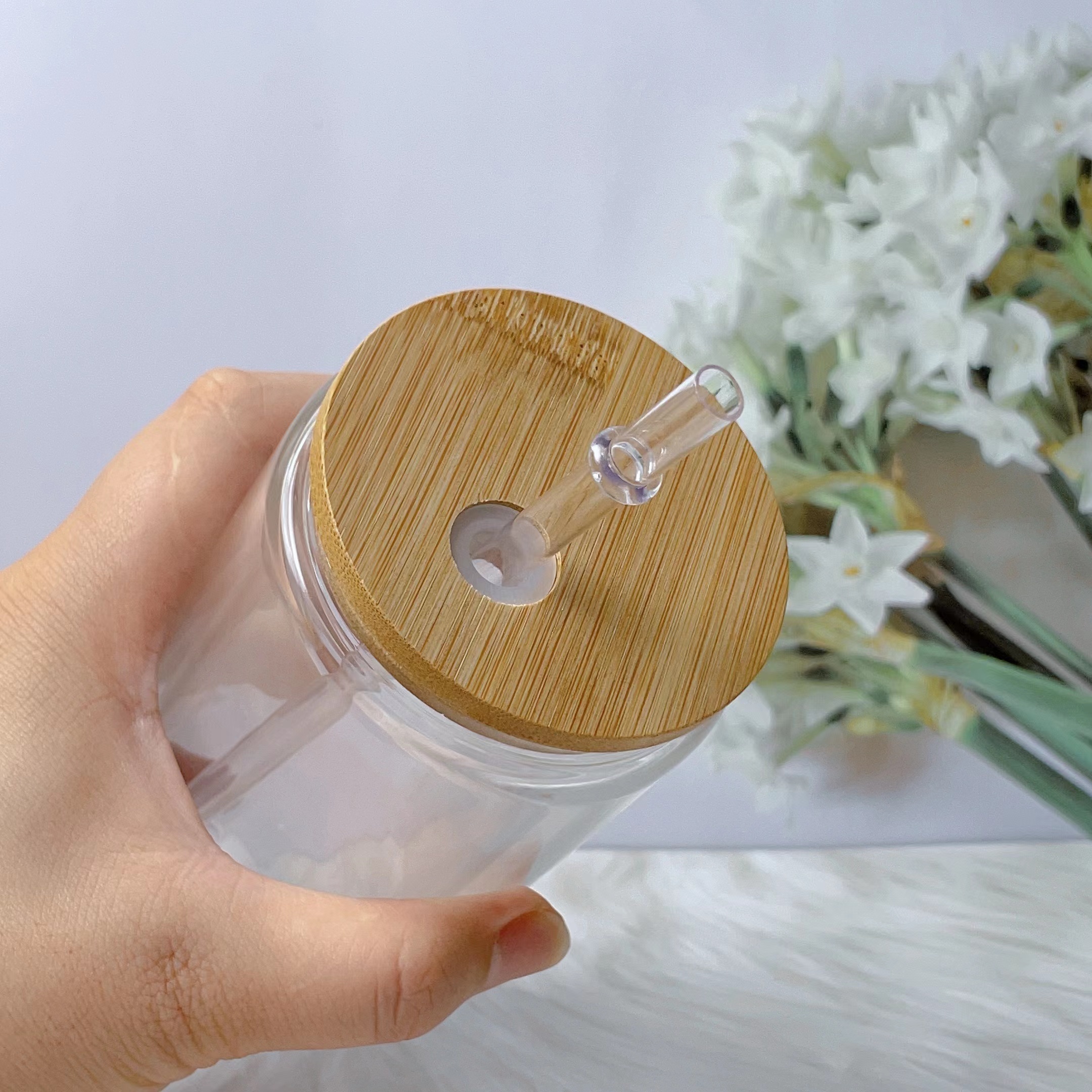 25PCS 16oz Clear Pre-drilled Hole Double Wall Snow Globe Glass Can Tumbler inside 120Zoutside 160Z with Bamboo Lids