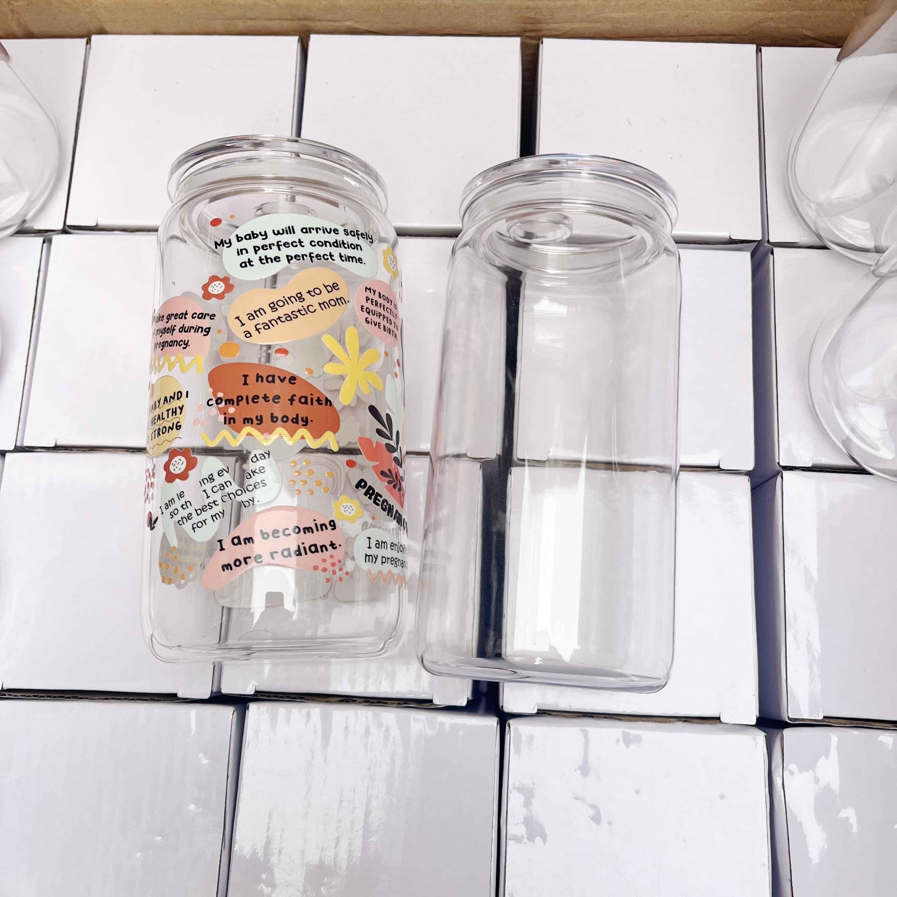 50pcs 16oz Acrylic Single Wall Plastic Beer Can Cup With Clear Lids and plastic Straw