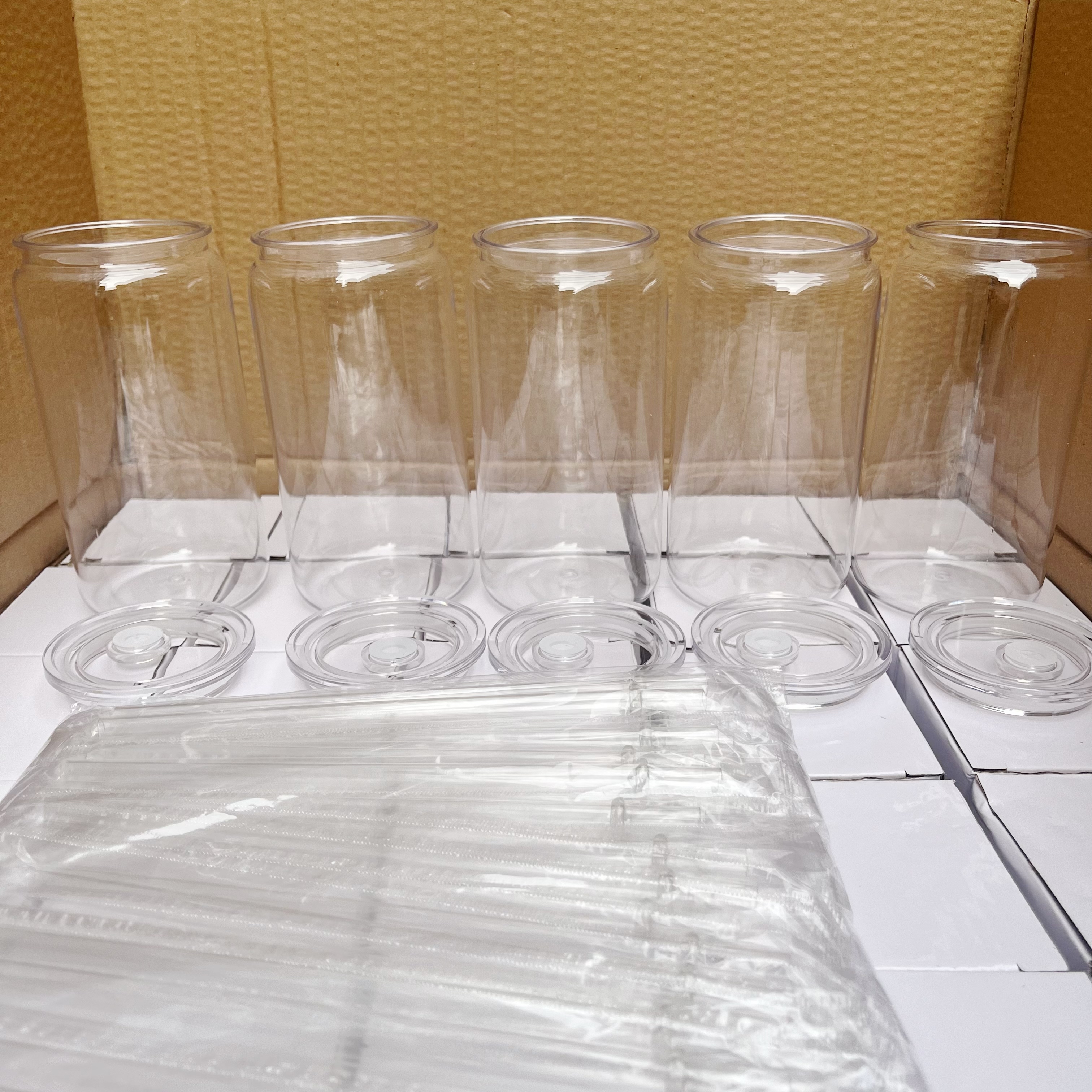 50pcs 16oz Acrylic Single Wall Plastic Beer Can Cup With Clear Lids and plastic Straw