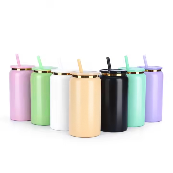 25pcs US Warehouse 16oz Gold Plated Glossy Sublimation Stainless Steel Beer Can Tumbler with Colored PP Lids