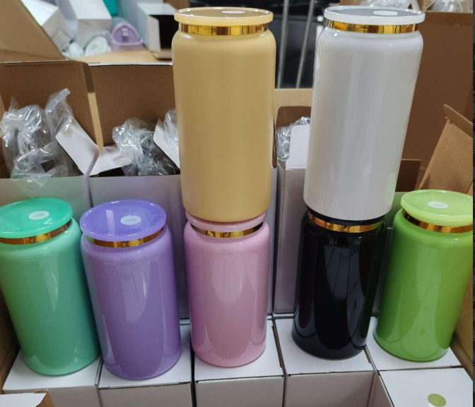 25pcs US Warehouse 16oz Gold Plated Glossy Sublimation Stainless Steel Beer Can Tumbler with Colored PP Lids