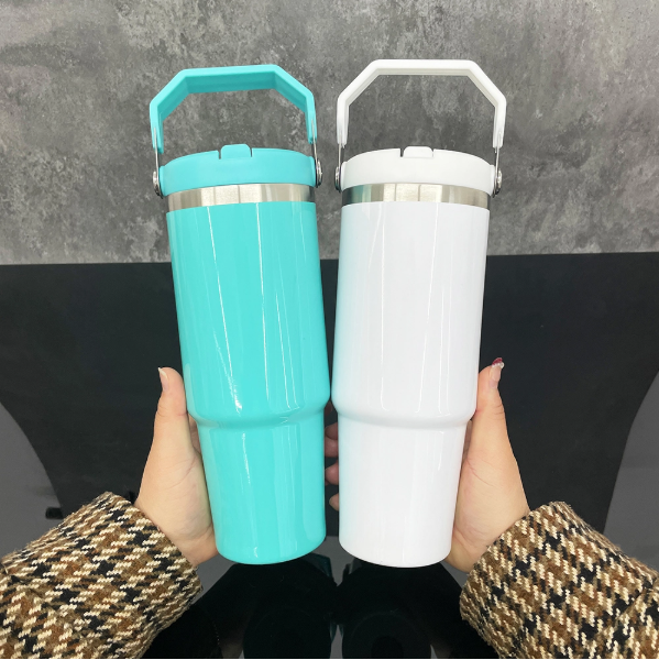 25 pcs  US Warehouse 30oz  Glossy Macaron Colors Flip Straw Sublimation Tumbler With Handle