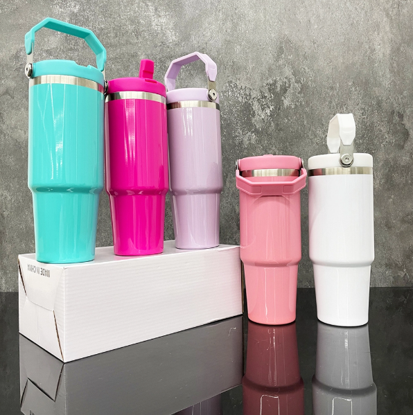 25 pcs  US Warehouse 30oz  Glossy Macaron Colors Flip Straw Sublimation Tumbler With Handle