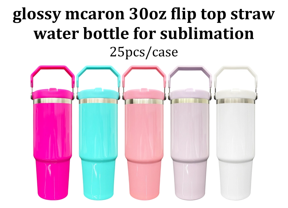 25 pcs  US Warehouse 30oz  Glossy Macaron Colors Flip Straw Sublimation Tumbler With Handle