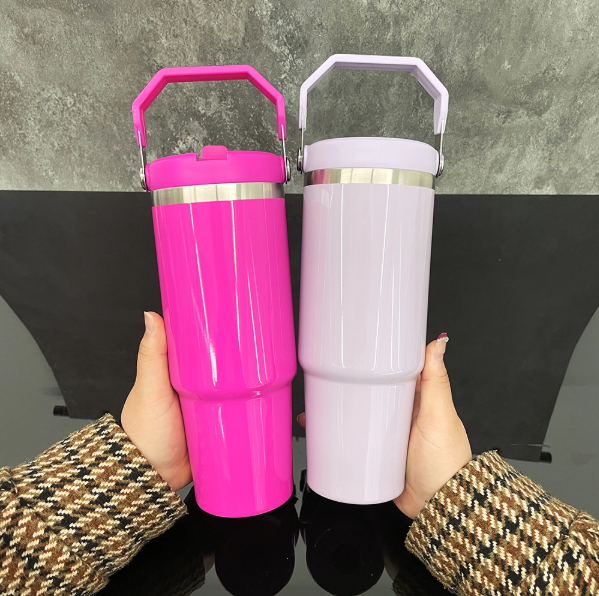 25 pcs  US Warehouse 30oz  Glossy Macaron Colors Flip Straw Sublimation Tumbler With Handle