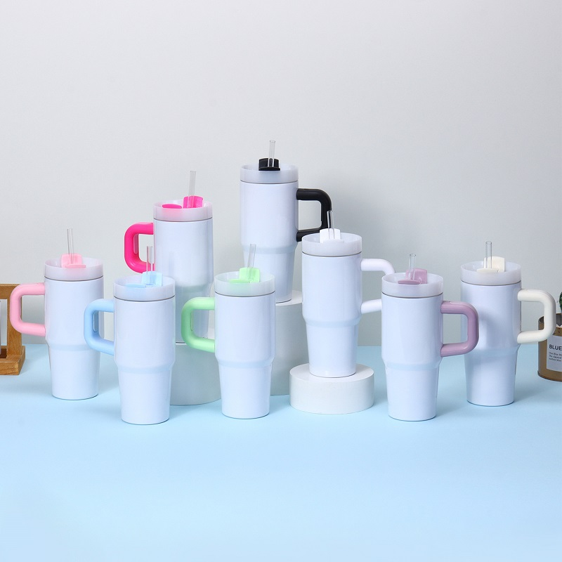 25pcs US Warehouse 14oz Sublimation Blank Kids Travel Mug Tumbler with Colored Handle H2.0