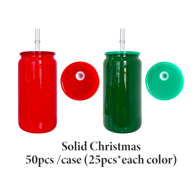 50pcs USA Warehouse 16oz Christmas Green Red Mix Color Sublimation Glass Can for UV DTF Wraps