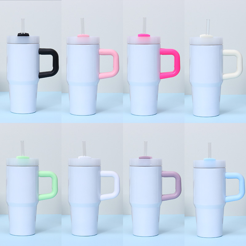 25pcs US Warehouse 14oz Sublimation Blank Kids Travel Mug Tumbler with Colored Handle H2.0