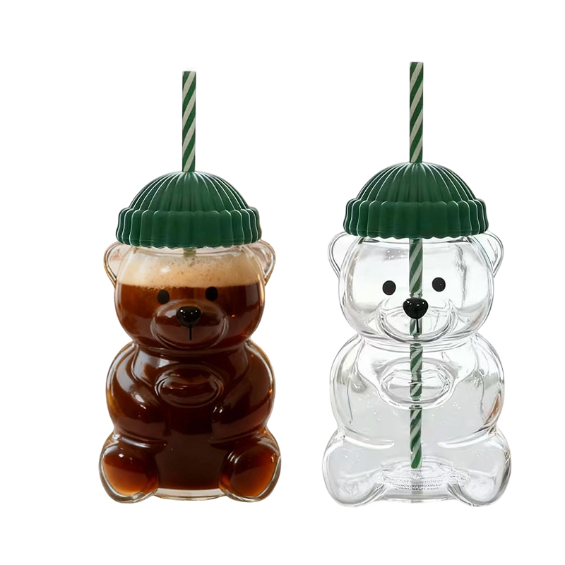 20pcs Green Starbucks 20oz Cute Bear Shape Glass Cup with Straw for Christmas