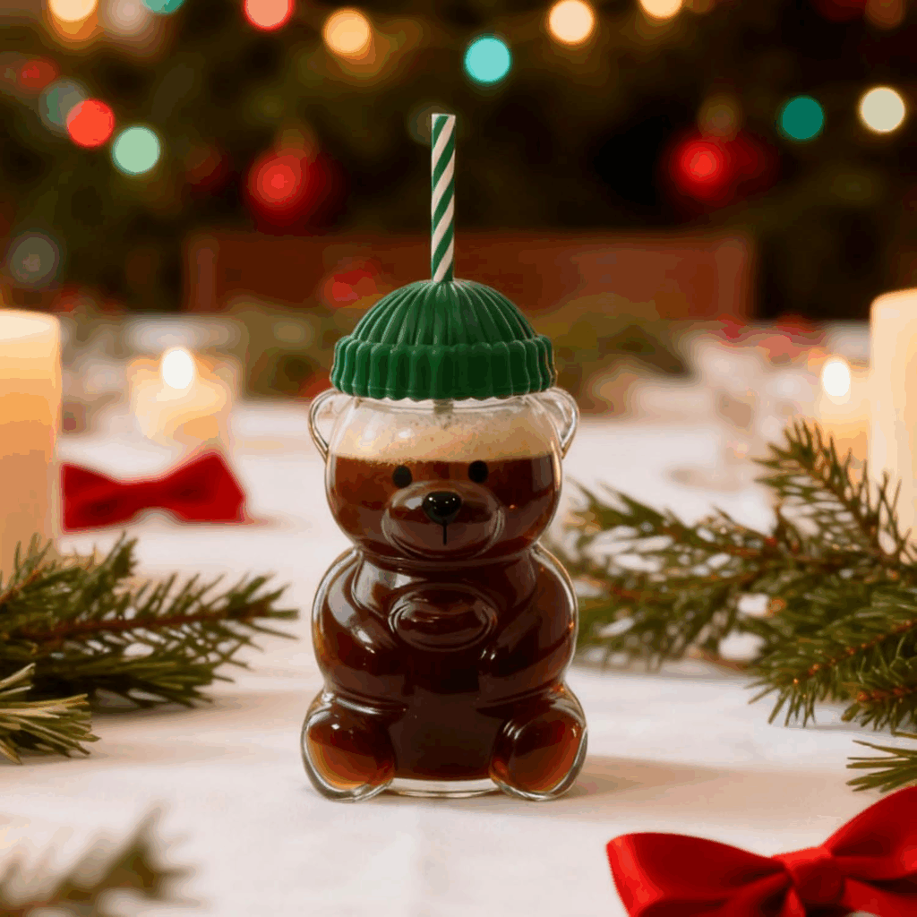 20pcs Green Starbucks 20oz Cute Bear Shape Glass Cup with Straw for Christmas