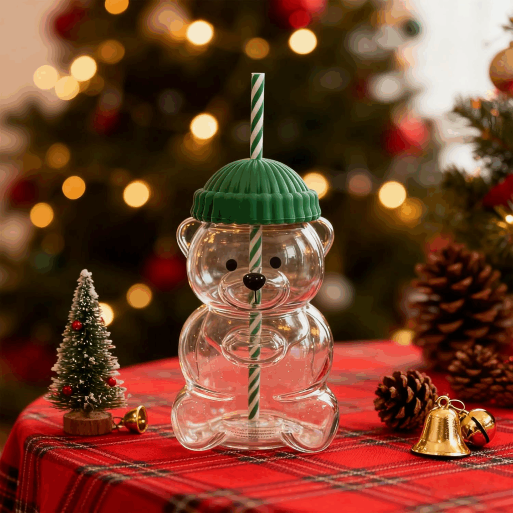 20pcs Green Starbucks 20oz Cute Bear Shape Glass Cup with Straw for Christmas