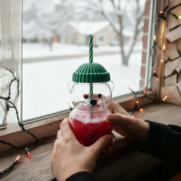 20pcs Green Starbucks 20oz Cute Bear Shape Glass Cup with Straw for Christmas