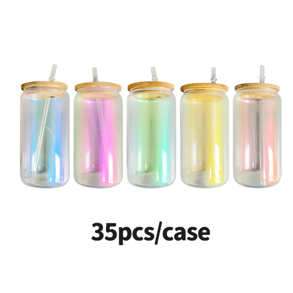35pcs USA Warehouse 20oz Blank Sublimation Iridescent Beer Glass Can With Bamboo Lid And Plastic Straw